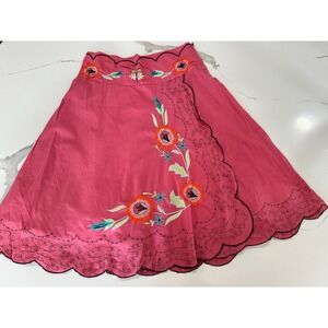 Pink Embroidered Scalloped Hem Midi Wrap Skirt Size S Feminine Retro